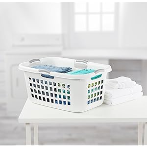 Sterilite 2 Bushel Ultra Laundry Basket, Large, Plastic with Comfort Handles to Easily Carry Clothes to and from the Laundry Room, White.